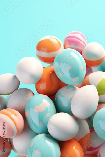 A pile of colorful Easter eggs on a blue background. Perfect for Easter holiday designs