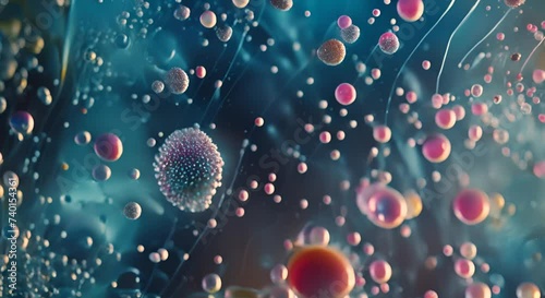 A complex ecosystem at the microscopic level, where a variety of microorganisms, possibly bacteria or microbes, are interconnected by a network photo