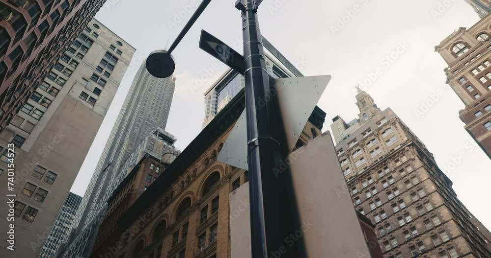 Aesthetic shot from below on high brick buildings and modern skyscrapers of urban New York City