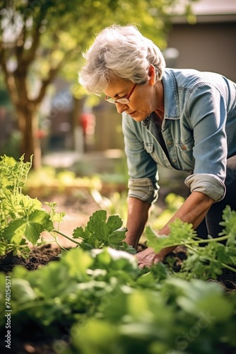 A woman taking care of her garden plants, perfect for gardening blogs or plant care websites