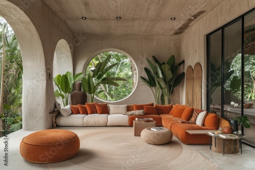 A serene living space with organic textured furniture and decor, featuring natural elements like wicker vases and lush tropical plants, illuminated by soft daylight.