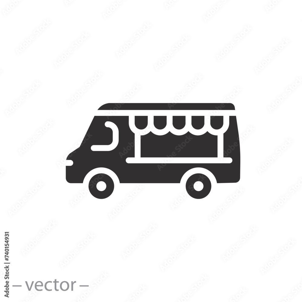 fast food car icon, food truck, ice cream festival on wheels, flat symbol on white background - vector illustration