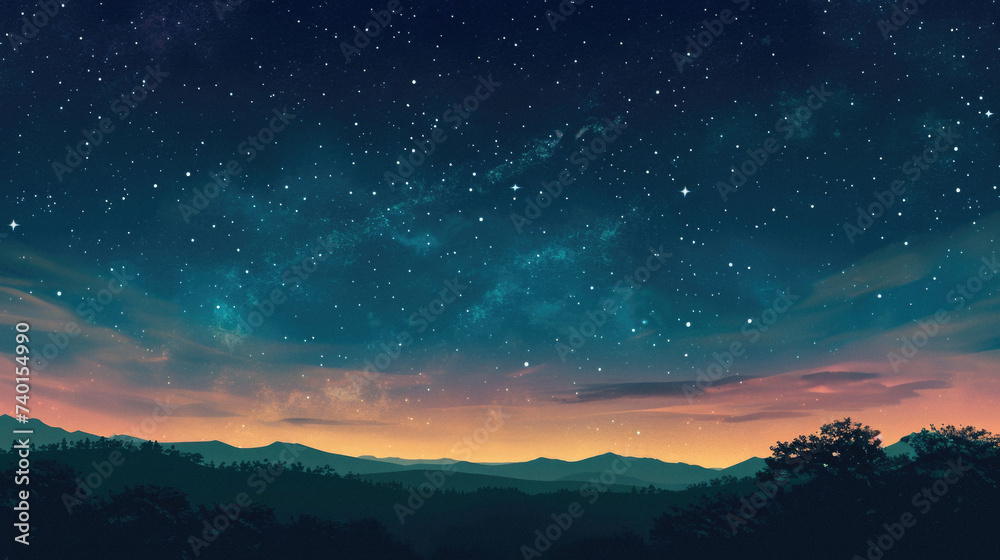Night sky with stars and silhouettes of mountains .