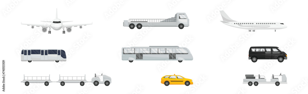 Airport Transport and Vehicles Side View Vector Set Airport Transport and Vehicles Side View Vector Set