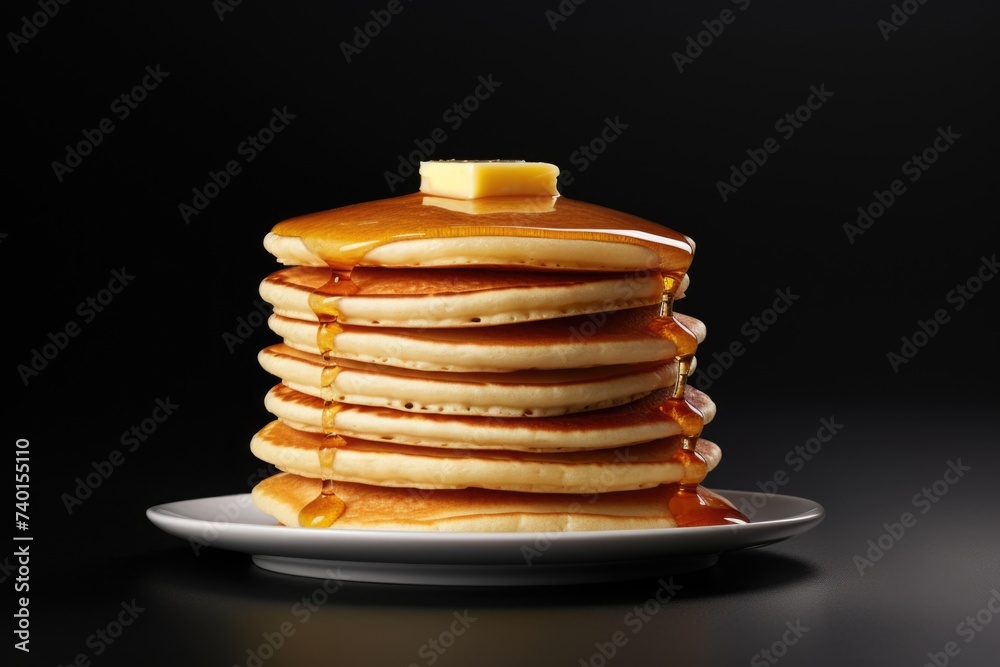 A tempting stack of pancakes topped with butter and syrup, perfect for breakfast menus or food blogs A tempting stack of pancakes topped with butter and syrup, perfect for breakfast menus or food blogs