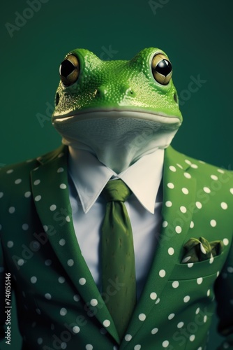A frog wearing a formal suit and tie, suitable for business or formal occasions