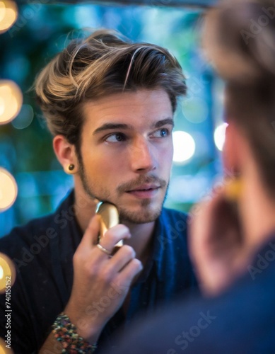 Handsome man trimming his beard and mustache with an electric razor while looking in the mirror 