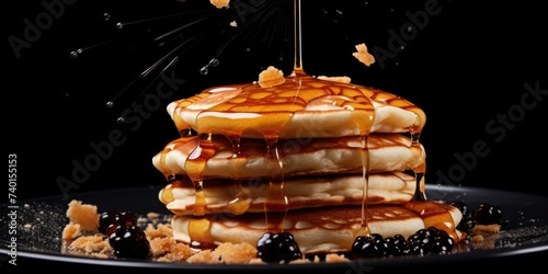 Delicious pancakes being drizzled with syrup, perfect for food blogs or breakfast menus