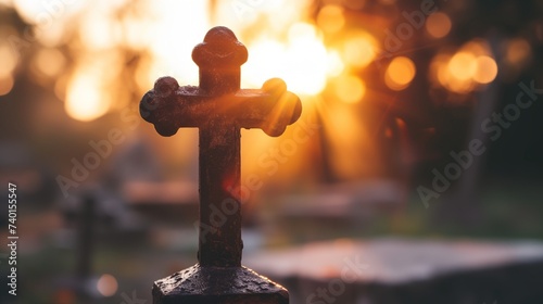 a cross is shown in the sunlight with a blurry background
