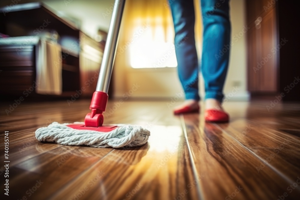 A woman cleaning the floor with a mop. Suitable for household cleaning concepts - obrazy, fototapety, plakaty 