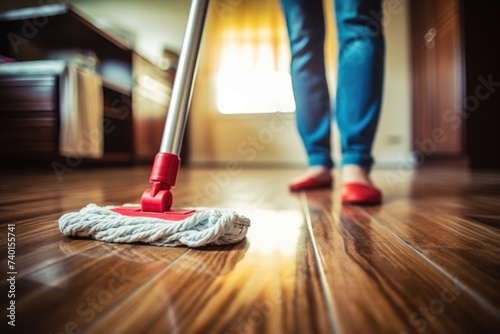 A woman cleaning the floor with a mop. Suitable for household cleaning concepts