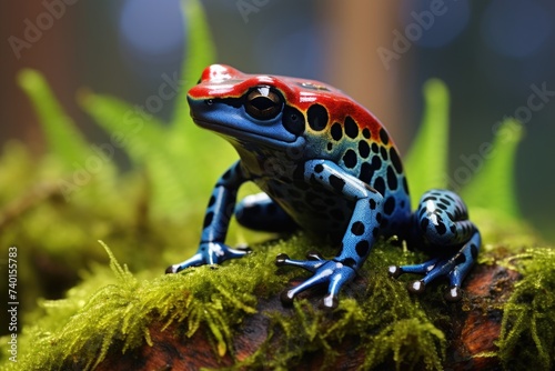 A vibrant frog perched on a moss-covered log, suitable for nature themes