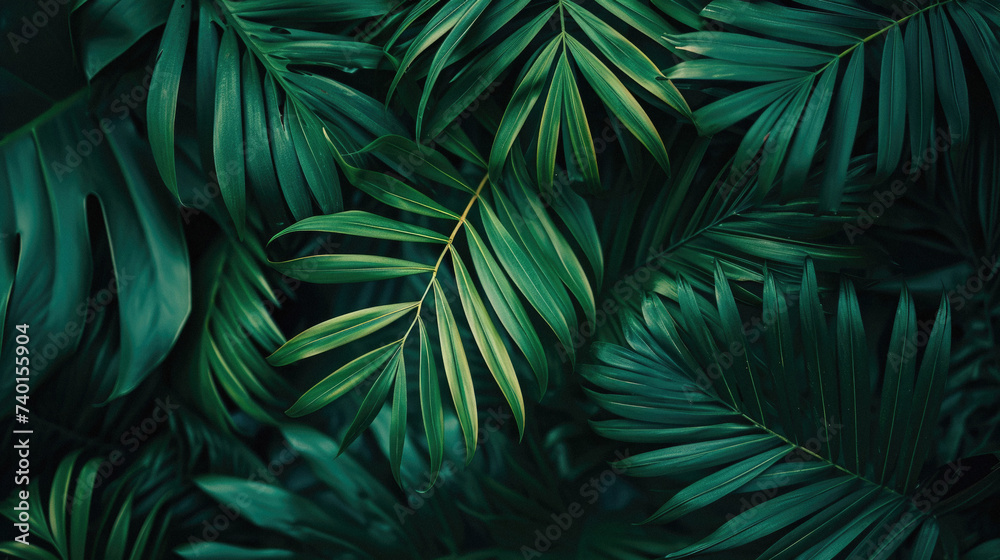 Fototapeta premium Tropical green leaves background. Copy space for text or design