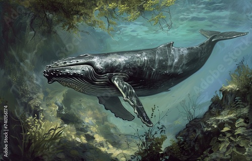 Majestic marine behemoth: powerful whale navigating the vast ocean expanse. Generated by AI