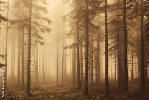 A misty forest with towering trees  ideal for nature and outdoor themes
