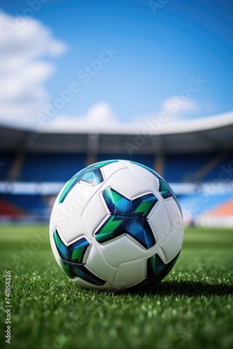 A soccer ball resting on a vibrant green field, suitable for sports and outdoor activities © Fotograf