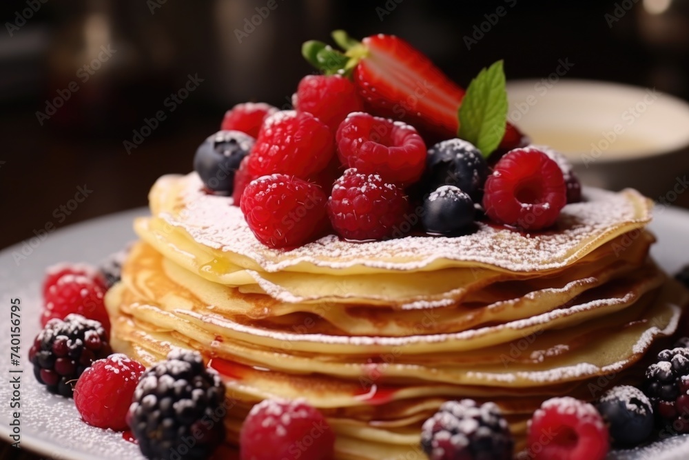 A stack of pancakes topped with fresh berries and powdered sugar. Great for food and breakfast concepts A stack of pancakes topped with fresh berries and powdered sugar. Great for food and breakfast concepts
