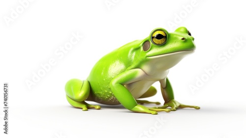 A green frog sitting on top of a white surface. Suitable for nature and animal themed projects