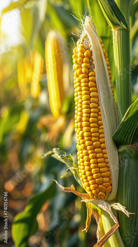 Ripe corn on the cob in the field  close-up