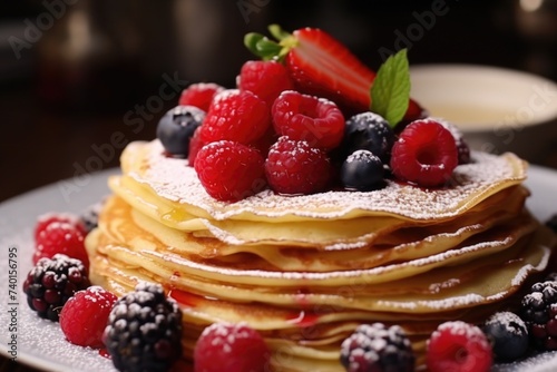 A stack of pancakes topped with fresh berries and powdered sugar. Great for food and breakfast concepts