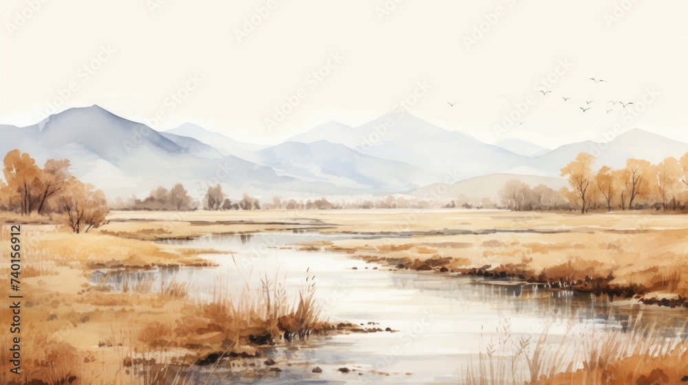 Scenic painting of a river flowing through a dry grass field, perfect for nature and landscape themed designs