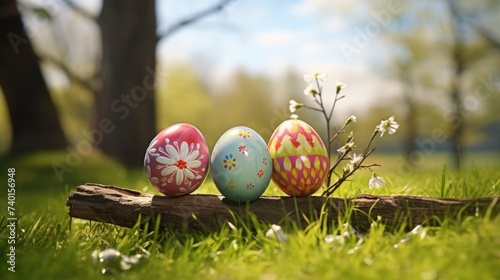 Three decorated Easter eggs sitting on a log in the grass. Perfect for Easter-themed designs