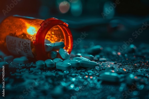 Prescription opioid crisis depicted through a close-up of a pill bottle and scattered pills Highlighting the addiction and overdose epidemic.