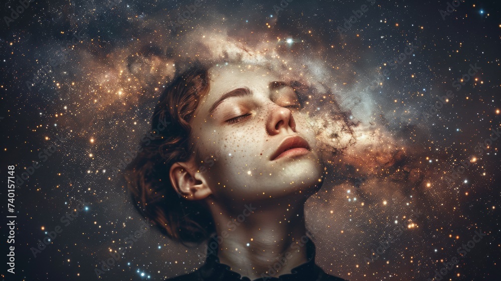 Sleeping woman face. Fairy stars, red tint and colorful cloud