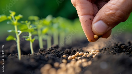 Close up human hand plants a grain in fertile soil among new green shoots. Harvest, gardening, rebirth concept