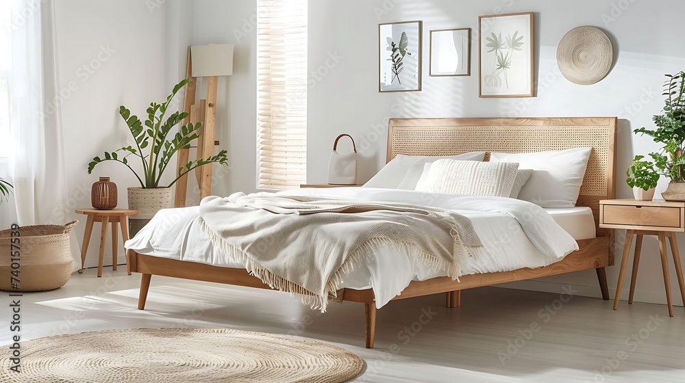 A Scandinavian inspired bedroom featuring a sleek platform bed with clean lines and neutral bedding