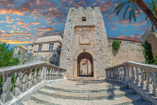 Medieval Tower Revelin with relief comemorative plaque, Korcula, Croatia photo