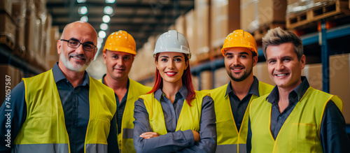 group of warehouse team smiling at the camera while standing together