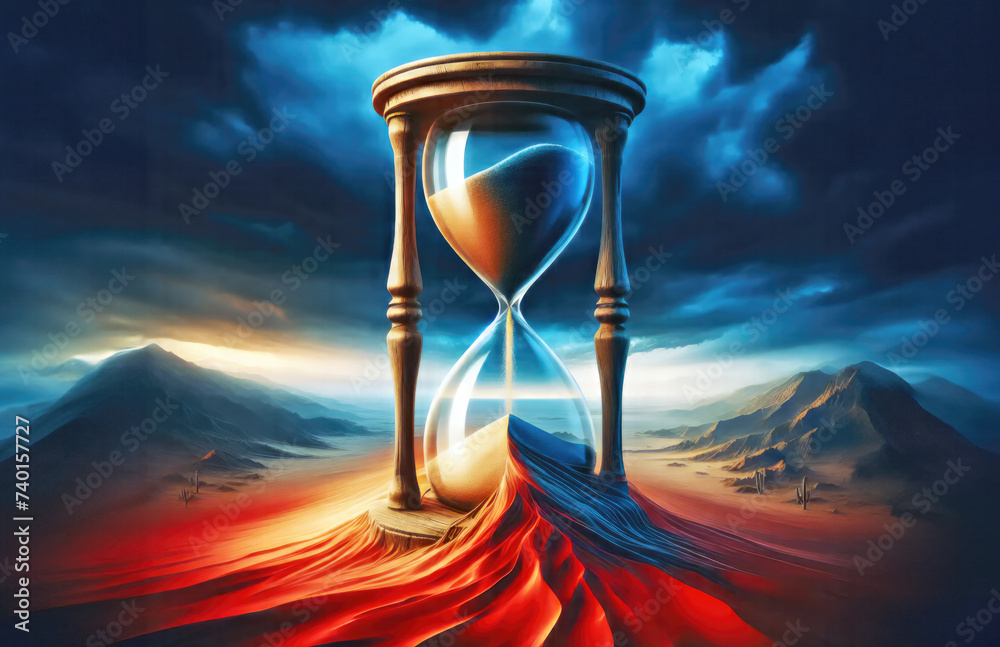 Wasting time concept, lack of time, time lost and time management, broken vintage hourglass with sand falling out of them - obrazy, fototapety, plakaty 