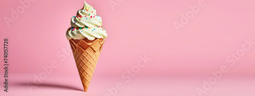 Close-up of waffle cone with white ice cream and colored sprinkles. Ice cream on a pink background. Advertising banner concept. Copy space photo