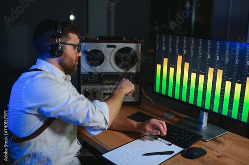 A male spy listens and records conversations on a reel-to-reel tape recorder