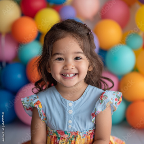 Joyful little girl with a big smile in a floral dress celebrating with a background of multicolored balloons.