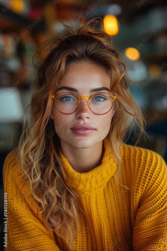 woman with glasses and a yellow sweater, exuding confidence and style. Her thoughtful gaze and fashionable attire command attention woman with glasses and a yellow sweater, exuding confidence and style. Her thoughtful gaze and fashionable attire command attention