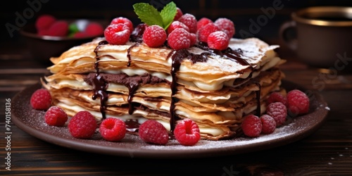Delicious stack of pancakes with fresh raspberries and drizzled with chocolate sauce. Perfect for food and breakfast concepts