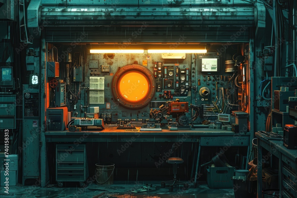 A solitary machine hums in the center of a dimly lit factory room, surrounded by various tools and equipment, evoking a sense of industry and productivity