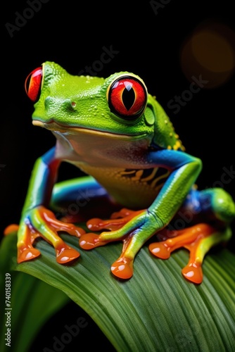 A frog with red eyes sitting on a leaf. Suitable for nature and wildlife themes