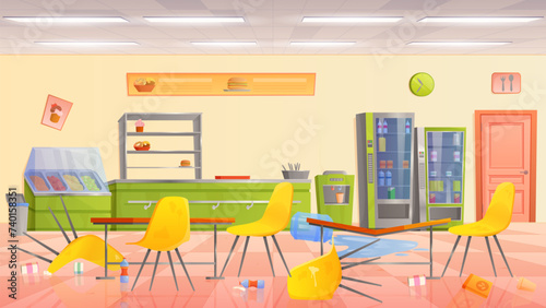 Mess in school canteen after lunch of children vector illustration. Cartoon empty cafeteria hall, messy lunchroom interior with dirty table and overturned chair, puddle of water and garbage on floor