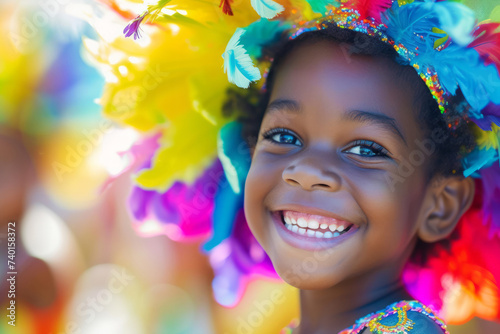 Close up happy kid boy in a carnival bright colored hat with feathers participates in a parade at the carnival with copyspace for text
