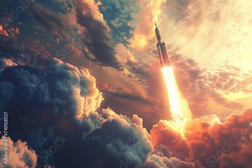 Rocket launch capturing the powerful ascent into space Symbolizing innovation Exploration And the human drive to reach new frontiers. #740158557