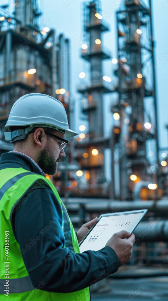 Engineer using digital tablet in petrochemical plant at night . Engineer using digital tablet in petrochemical plant at night .