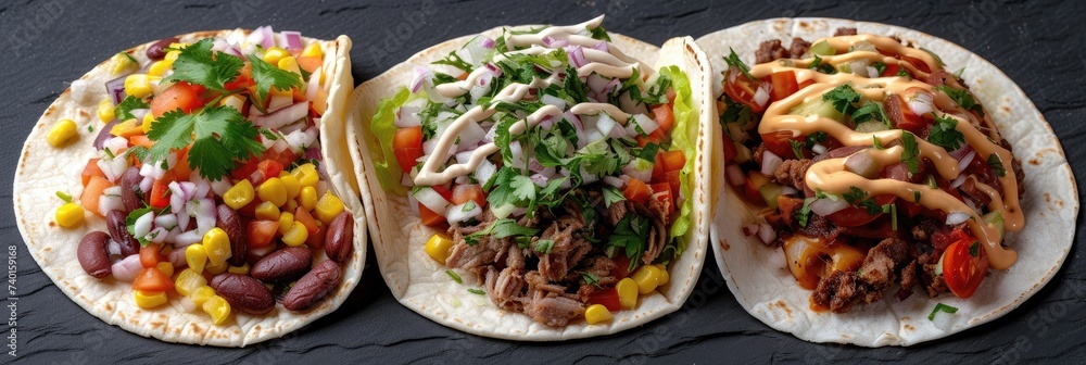 Colorful tacos filled with meats, vegetables, and sauces. Colorful tacos filled with meats, vegetables, and sauces.