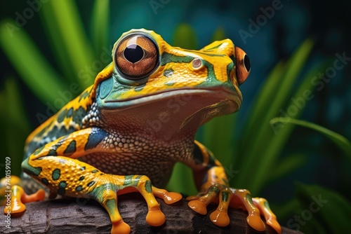 Close-up of a frog perched on a branch, suitable for nature and wildlife themes