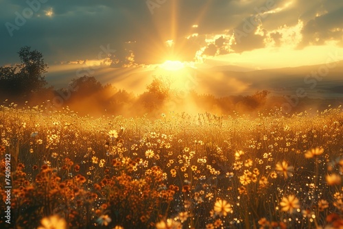 A serene landscape of golden light and gentle clouds illuminates a vibrant field of wildflowers, evoking a sense of peace and the beauty of nature