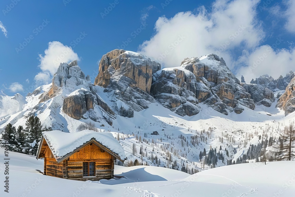 Rustic wooden cabin nestled in a snowy mountain landscape Offering a cozy retreat amidst the tranquil beauty of nature.