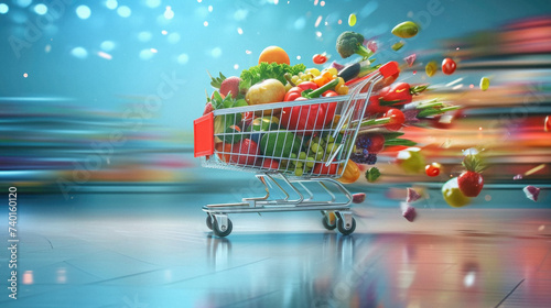 Shopping cart full of fresh vegetables. Healthy food concept. Rendering