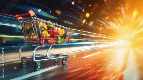 Shopping cart with fresh vegetables on the road with motion blur background photo